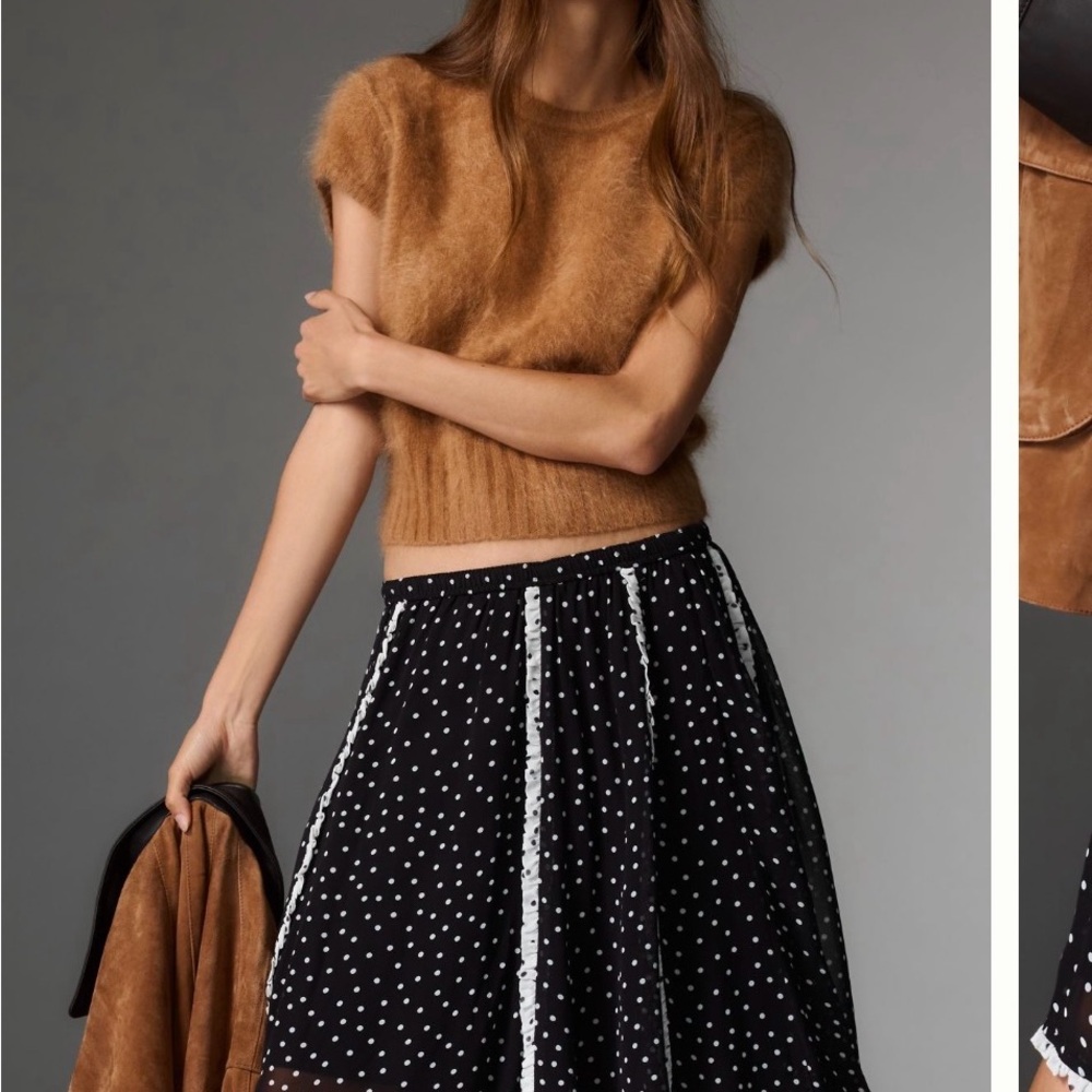Maeve knee length Black Polka Dot A-Line Skirt, Anthropologie